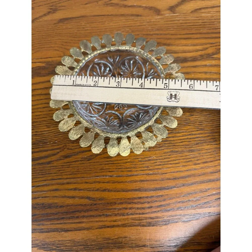 Celeste Gold‎ Tone Metal Leaf Filigree Cut Glass Trinket Bowl Vintage